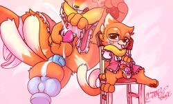 animal_dildo animal_sex_toy balls bodily_fluids buizel canine_dildo chastity_cage chastity_device clothed clothing clothing_lift crumb_(buizel) cum cum_on_balls dildo dildo_pull_out dress dress_lift generation_4_pokemon genital_fluids genitals gingy_k_fox maid_uniform male masturbation nintendo no_humans orgasm panties pokemon pokemon_(species) sex_toy solo underwear uniform