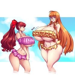 2girls alternate_breast_size ass big_ass big_breasts bikini breasts breasts_bigger_than_head color female female_only huge_breasts kasumi_yoshizawa long_hair looking_at_another midriff multiple_females multiple_girls n647 orange_eyes orange_hair persona persona_5 persona_5_royal red_eyes red_hair sakura_futaba sega sumire_yoshizawa thick_thighs top_heavy voluptuous wide_hips