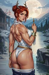 ai_generated antlers artemis artemis_(greek_mythology) ass athletic_female auburn_hair big_ass braided_hair female female_only female_virgin full_moon goddess greek_mythology lake looking_at_viewer medium_breasts mountain mythology nature outdoors short_hair sole_female stable_diffusion virgin