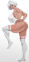 1girls aqua_eyes ass brown_skin dat_ass female gundam gundam_suisei_no_majo huge_ass long_legs naughty_face secelia_dote short_hair smile teaindian thick_thighs white_hair