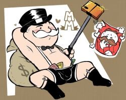 bald_man black_underwear bowtie brown_hair bulge embarrassed gay gilf hasbro julius_pringles male_only money_bag money_in_underwear monopoly moustache naughtybassard old_man pringles rich rich_uncle_pennybags selfie_stick showing_off simple_background slightly_chubby socks teasing toony torquewintress white_beard