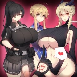 1futa 2girls artoria_pendragon artoria_pendragon_(lancer) big_penis black_hair blonde_hair bottomless bottomless_skirt breasts censored censored_penis clothed clothed_sex clothing english_text erection fate/grand_order fate_(series) female futa_on_female futanari hair_over_one_eye horny huge_breasts huge_cock human light-skinned_female light-skinned_futanari light_skin long_hair miniskirt mosaic_censoring mostly_clothed multiple_girls no_panties original original_character partially_clothed penis ponytail rikuguma skirt smile standing text thick_thighs threesome valentina_(nuclear-il2) wide_hips