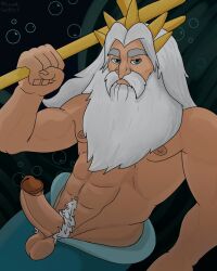 abs beard blue_eyes crown erection eyebrows facial_hair genitals hair headgear hi_res humanoid king_triton lewd_latte male marine merfolk merman moustache nails pecs penis solo split_form staff thick_eyebrows white_hair