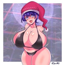 1girls :3 :3d big_ass big_breasts bikini bikini_bottom bikini_top black_bikini breasts cleavage doremy_sweet female female_only hat looking_at_viewer open_mouth purple_eyes purple_hair revealing_clothes seireiart shiny_eyes thick_body thick_thighs thighs touhou