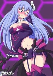 1girls 2022 alternate_costume alternate_version_at_source alternate_version_available artist_name artist_signature big_breasts blue_eyes blue_hair blush bmkro breasts compile_heart cosplay covering_breasts embarrassed female_only idea_factory kiseijou_rei long_hair looking_down magic_staff neptunia_(series) rei_ryghts solo solo_female staff