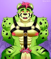 absurd_res anthro beverage big_penis bondage bondage bound cheetah cheetah_chug disney energy_drink felid feline fur genitals green_body green_fur hair hi_res male male/male mammal mature_male muscular nipples pantherine pecs penis pink_hair series shirou_muffin solo