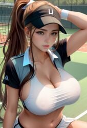 1girls ai_generated belly_button brown_hair earrings female green_eyes hand_on_head huge_breasts long_hair looking_at_viewer original_character ponytail solo solo_female solo_focus stable_diffusion sunny tennis tennis_court tennis_uniform tight_clothing visor visor_cap