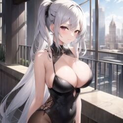 1girls ai_generated big_breasts buisness_suit buisness_woman busty city cleavage exposed_shoulders female fully_clothed looking_at_viewer mommy nemus_waifu_generator pooplool silver_hair solo tagme tight_clothing