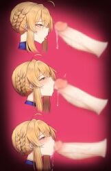 1futa 1girls artoria_pendragon artoria_pendragon_(lancer) big_penis black_hair blonde_hair blue_eyes censored censored_penis clothed clothed_sex clothing erection fate/grand_order fate_(series) fellatio female female_focus futa_on_female futanari huge_cock human imminent_fellatio light-skinned_female light-skinned_futanari light_skin long_hair mosaic_censoring open_mouth oral original original_character partially_clothed penis penis_lick ponytail precum rikuguma sex solo_focus tongue tongue_out valentina_(nuclear-il2)