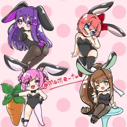 4girls 5_fingers animal_ears animal_tail artist_name ass back black_bow black_bowtie black_gloves black_heels black_shoes blue_eyes bow bowtie bunny_ears bunny_suit bunny_tail bunnysuit butt carrot chibi clothed clothes clothing collar covering_mouth doki_doki_literature_club female female_human female_only gloves green_eyes hair_bow hair_intakes hairbow heels hindquarters human human_female human_only long_hair mame_twin monika_(doki_doki_literature_club) mouth_cover mouth_open multiple_females multiple_girls natsuki_(doki_doki_literature_club) one_eye_closed only_female open_mouth pink_background pink_hair polka_dot polka_dot_background polka_dots presenting presenting_ass presenting_butt presenting_hindquarters purple_eyes purple_hair purple_tail red_bow red_eyes red_hair_bow red_hairbow sayori_(doki_doki_literature_club) shiny shiny_skin shiny_thighs shoes sitting star_eyes starry_eyes stars_in_eyes strawberry_blonde_hair tail thigh_highs thighhighs thighs tilted_head tilting_head tongue twitter_username vegetable wink winking winking_at_viewer yuri_(doki_doki_literature_club)