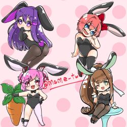 4girls 5_fingers animal_ears animal_tail artist_name ass back black_bow black_bowtie black_gloves black_heels black_shoes blue_eyes bow bowtie bunny_ears bunny_suit bunny_tail bunnysuit butt carrot chibi clothed clothes clothing collar covering_mouth doki_doki_literature_club female female_human female_only gloves green_eyes hair_bow hair_intakes hairbow heels hindquarters human human_female long_hair mame_twin monika_(doki_doki_literature_club) mouth_cover mouth_open multiple_females multiple_girls natsuki_(doki_doki_literature_club) one_eye_closed open_mouth pink_background pink_hair polka_dot polka_dot_background polka_dots presenting presenting_ass presenting_butt presenting_hindquarters purple_eyes purple_hair purple_tail red_bow red_eyes red_hair_bow red_hairbow sayori_(doki_doki_literature_club) shiny shiny_skin shiny_thighs shoes sitting star_eyes starry_eyes stars_in_eyes strawberry_blonde_hair tail thigh_highs thighhighs thighs tilted_head tilting_head tongue twitter_username vegetable wink winking winking_at_viewer yuri_(doki_doki_literature_club)