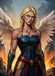 ai_generated angel_wings athletic_female blonde_hair blue_eyes cleavage female fire freya_(norse_mythology) goddess long_hair mature mature_female medium_breasts mythology necklace night norse_mythology outdoors scandinavian sole stable_diffusion valkyrie