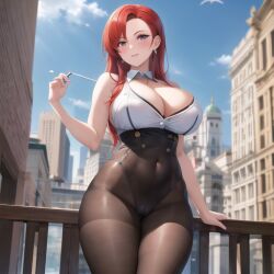 1girls ai_generated balcony big_breasts business_woman city city_background city_skyline cityscape cleavage female fully_clothed looking_at_viewer mommy nemus_waifu_generator pooplool red_hair redhead redheadbusty sfw slight_blush solo tagme thick_thighs