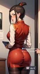 1girls ai_generated aim_patreon ass avatar_legends avatar_the_last_airbender azula blush breasts brown_eyes brown_hair cellphone cellphone_picture female fire_nation from_behind hair_bun hair_ornament holding holding_phone long_sleeves looking_at_viewer looking_back monitor office office_lady pantyhose pantylines patreon_username pencil_skirt phone skirt smartphone solo_focus tablet_pc