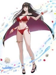 1girls alternate_costume anklet bikini black_cape black_eyes black_footwear black_hair blunt_bangs breasts cape circlet cleavage commentary_request female female female_only fire_emblem fire_emblem_awakening fire_emblem_heroes floating_hair full_body gold_trim highres hydrokinesis jewelry large_breasts legs lips long_hair looking_at_viewer nail_polish navel nintendo official_alternate_costume parted_lips pink_lips red_bikini red_cape red_nails red_swimsuit sandals solo stomach straight_hair strappy_heels swimsuit tharja_(fire_emblem) tharja_(summer)_(fire_emblem) toenail_polish toenails toes tori_art07 twitter_username two-tone_cape water white_background