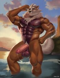 2023 abs anthro arcanine balls generation_1_pokemon genitals glans glistening glistening_body hi_res humanoid_genitalia humanoid_penis kase male male_only muscular muscular_male nintendo nude outside partially_submerged_legs penis pokemon pokemon_(species) solo standing