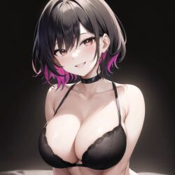 1girls ai_generated bell_haircut bra_only bust busty cleavage female happy happy_female human large_breasts multicolored_hair necklace nemus_waifu_generator pooplool short_hair shoulder_length_hair smiling_at_viewer solo tagme