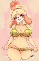 1girls 2023 animal_crossing bell big_breasts bikini breasts brown_eyes cleavage cute eyelashes female female_focus female_only fullpillow furry furry_only isabelle_(animal_crossing) looking_at_viewer navel nintendo signature simple_background teeth thick_thighs thighs tongue undressing wide_hips yellow_body yellow_hair