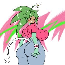 1girls big_ass big_breasts blaster_master blaster_master_zero_2 blush flower_on_head from_behind iggy-bomb jeans kanna_(blaster_master) looking_back plant plant_girl plantie simple_background smile tail tight_clothing watermelon_print wink