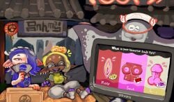 absurd_res animal_humanoid anthro batoid big_man_(splatoon) blush bodily_fluids breasts cephalopod cephalopod_humanoid city city_background clothed clothing detailed_background digital_media_(artwork) ear_piercing ear_ring english_text fangs feet female fish frye_(splatoon) genitals grey_body group hair hand_fan hi_res holding_object humanoid inkling lamp lantern laugh male manta_ray marine marine_humanoid mollusk mollusk_humanoid neon_lights nintendo octarian octoling open_mouth painting_(artwork) penis pester piercing pseudo_hair pussy ring_piercing shiver_(splatoon) silly sitting speckled_body splatfest splatoon splatoon_3 stingray sweat teeth tentacle tentacle_hair text topwear traditional_media_(artwork) video_games wood