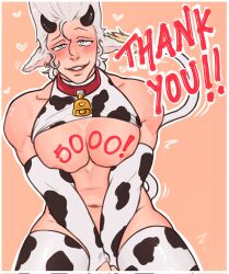 1boy abs animal_ears animal_print bacchyarts blue_eyes blush cow_ears cow_horns cow_print cow_tail cowbell elbow_gloves gay gloves grey_hair heart horns jean_pierre_polnareff jojo's_bizarre_adventure large_pectorals looking_at_viewer male male_focus male_only muscular muscular_male navel nipples pectorals smirk solo stardust_crusaders tail thighhighs thighs