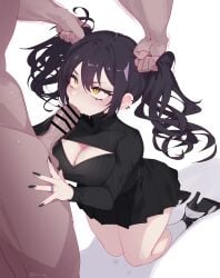 1boy 1girls bar_censor black_footwear black_hair black_nails black_shirt black_skirt blush breasts censored cleavage cleavage_cutout clothed_female_nude_male clothing_cutout dark-skinned_male dark_skin earclip eonsang fellatio female full_body girls'_frontline grabbing_another's_hair hair_between_eyes hand_on_another's_thigh high_heels highres jewelry kneeling large_breasts legs_together light-skinned_female light_skin long_hair long_sleeves looking_at_another miniskirt motion_lines muscular muscular_male nail_polish nude oral out_of_frame pleated_skirt ring saliva sangvis_ferri scarecrow_(girls'_frontline) shadow shirt sidelocks signature simple_background skirt socks solo_focus sweat thick_thighs thighs twintails v-shaped_eyebrows white_background white_socks yellow_eyes