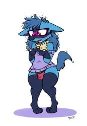 absurd_res anthro bodily_fluids braces bulge clothed clothing crossdressing eyewear femboy generation_4_pokemon girly glasses hi_res lucario male nerd nervous nintendo panties percy_lulu pokemon pokemon_(species) pokemorph skoon solo sweat underwear