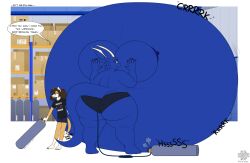 air_inflation air_tank ass belly belly_expansion belly_inflation big_belly big_breasts big_butt black_clothing black_panties black_shirt black_topwear black_underwear blue_(doctor_robert) blue_body blue_bottomwear blue_clothing blue_shorts bottomwear breasts canid canine canis clothing day-tripper-guy dialogue doctor_robert domestic_dog dragon duo expansion female hand_on_tail hi_res hose hose_in_butt hose_inflation huge_breasts huge_butt hyper hyper_belly inflation isaac_(doctor_robert) larger_female male mammal panties shiba_inu shirt shorts size_difference smaller_male speech_bubble spitz tail tan_body topwear underwear warehouse