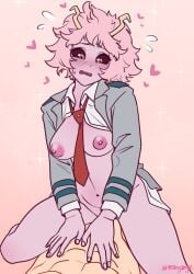 2023 abs black_eyes blush breasts cowgirl_position faceless_male female female_focus heart male meganyx mina_ashido my_hero_academia nipples pink_background pink_body pink_hair pink_skin school_uniform schoolgirl_uniform short_hair thighs yellow_eyes