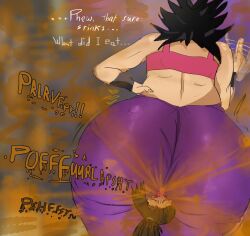 1ststinksfirst 2girls ass ass back_view big_ass black_hair caulifla dialogue dragon_ball dragon_ball_super fanning_face fanning_self fart fart_cloud fart_fetish farting farting_in_face female femdom femsub kale saiyan scissorhold text thick_thighs