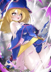 1girls big_breasts black_magician_girl blonde_hair blurry_background blush dark_magician_girl duel_monster female female_only green_eyes hair_between_eyes hand_on_hip hat hi_res high_resolution highleg highleg_leotard highres hizake kashu_(hizake) leotard light-skinned_female light_skin pale-skinned_female pale_skin ripped_clothing staff thick_thighs tight_clothing wide_eyed wide_hips witch witch_hat yu-gi-oh!