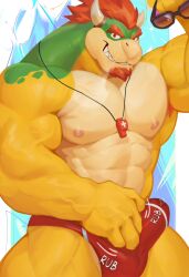 2023 abs absurd_res anthro areola barazoku beard biceps biped bodily_fluids bowser bulge clothed clothing digital_media_(artwork) erection eyebrows eyewear eyewear_removed facial_hair genital_fluids genital_outline green_body hair hi_res horn koopa male male_focus male_only mario_(series) masturbation masturbation_through_clothing mukum_1am muscular muscular_anthro muscular_male muscular_thighs nintendo nipples pecs penile penile_masturbation penis_outline precum precum_through_clothing quads red_hair scalie smile solo speedo speedo_only sunglasses sunglasses_removed swimwear tan_body teeth thick_thighs topless vein veiny_muscles wet wet_clothing whistle_(object) yellow_body