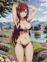 1girls ai_generated armpits arms_behind_head bertox64 big_breasts bikini brown_eyes busty cleavage erza_scarlet fairy_tail female female_only large_breasts legs looking_at_viewer navel pose posing sensual sexy_armpits smile solo thighs