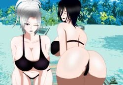 2girls akinama_family_(noir-black-shooter) ass aunt aunt_and_niece beach big_breasts bikini long_hair naoko_akinama_(noir-black-shooter) niece noir-black-shooter oc original original_character purple_eyes reika_akinama_(noir-black-shooter) short_hair silver_hair swimsuit