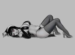 1girls bangs big_breasts black_hair breasts cleavage demon demon_girl demon_horns gloves hand_behind_head head_turned high_heels l0nely_k1tten laying_down laying_on_back lips long_gloves long_hair panties phalia red_eyes shy straps succubus thighhighs toned_stomach