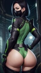 ai_generated ass background_blurry belt black black_gloves black_thighhighs boots breasts cowboy_shot eyes from_behind gloves green hair hand_on_hip leotard looking_at_viewer looking_back mask mouth_mask riot_games short_hair solo thigh_boots thighhighs valorant viper_(valorant) waifucrafter