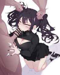 1boy 1girls bar_censor black_footwear black_hair black_nails black_shirt black_skirt blush breasts censored cleavage cleavage_cutout clothed_female_nude_male clothing_cutout cum cum_in_mouth cum_overflow dark-skinned_male dark_skin earclip ejaculation eonsang fellatio female full_body girls'_frontline grabbing_another's_hair hair_between_eyes hand_on_another's_thigh high_heels highres jewelry kneeling large_breasts legs_together light-skinned_female light_skin long_hair long_sleeves looking_at_another miniskirt motion_lines muscular muscular_male nail_polish nude oral out_of_frame pleated_skirt ring saliva sangvis_ferri scarecrow_(girls'_frontline) shadow shirt sidelocks signature simple_background skirt socks solo_focus sweat thick_thighs thighs twintails v-shaped_eyebrows white_background white_socks yellow_eyes