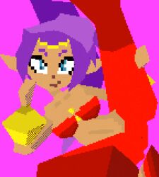 1girls belly female_focus female_only fully_clothed legs_up low_poly medium_breasts no_outlines pixel_art pointy_ears polez polygon ponytail purple_hair shantae shantae_(character) shoulders smile solo solo_female solo_focus tagme