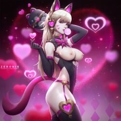 1girls alternate_costume black_cat_d.va blonde_hair breasts breasts_out bubblegum cat_ears d.va female female_only gifdoozer's_black_cat_d.va nipples overwatch solo standing tail zeronis