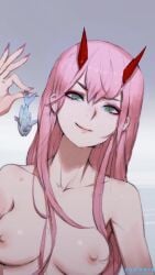 1girls bare_shoulders breasts darling_in_the_franxx fish green_eyes horns long_fingernails long_hair looking_at_viewer pink_hair sketch smile wet_skin zero_two_(darling_in_the_franxx) zeronis