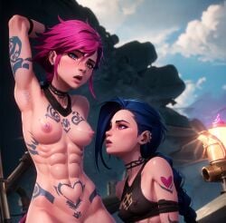 2girls abs ai_generated arcane arcane_jinx arcane_vi athletic_female blue_hair braid braided_hair breasts clothed_female cyan_eyes excited heart_tattoo human human_only imminent_cunnilingus imminent_sex incest jinx_(league_of_legends) league_of_legends lesbian_sex light-skinned_female light_skin long_tails muscular_female nipples_visible_through_clothing nude_female nude_female_clothed_female orgasm_face piercing pink_eyes pink_hair punk_hair riot_games self_upload short_hair sisters soplon tagme tattoo uncensored very_long_hair vi yuri