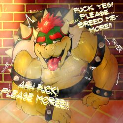 2023 4_fingers absurd_res anthro bodily_fluids bowser brick_wall collar digital_media_(artwork) english_text eyebrows fingers hair hi_res horn koopa lactating male male_lactation male_only mario_(series) nintendo nipples open_mouth pink_nipples red_eyebrows red_hair saliva samonaa2 scalie shell solo spiked_collar spiked_shell spikes spikes_(anatomy) tears text thick_eyebrows tongue tongue_out wall_(structure) yellow_body