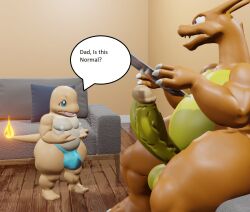 2023 3d_(artwork) anthro balls bodily_fluids charizard charmander clothing cum digital_media_(artwork) duo english_text erection father_(lore) father_and_child_(lore) father_and_son_(lore) furniture gay generation_1_pokemon genital_fluids genitals goeybowser hyper_penis lactating looking_down male male/male male_lactation milk nintendo nipples nude parent_(lore) parent_and_child_(lore) parent_and_son_(lore) penis pokemon pokemon_(species) reading_magazine scalie shocked shocked_face son_(lore) text underwear