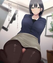 1boy absurdres arms_behind_back black_hair black_pantyhose blue_shirt blush breasts censored collarbone collared_shirt commentary_request desk dutch_angle earrings female green_eyes hair_between_eyes highres japanese_text jewelry large_breasts long_sleeves looking_at_viewer monitor mosaic_censoring office office_lady original pantyhose partially_unbuttoned penis plant pov ryuu. shirt shirt_tucked_in short_hair sidelocks sitting text thigh_sex translated wariza