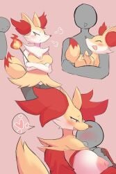 2girls anon anthro blush braixen closed_eyes cute delphox evolution evolutionary_family fennekin feral fire fur furry gray_body grey_skin heart holding holding_object holding_stick huge_breasts large_breasts nintendo nojaaaaaaaarori open_mouth orange_eyes pink_background pokémon_(species) pokemon pokemon_(species) pokephilia pout pouty red_fur trio wholesome yellow_fur