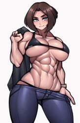 1girls abs absurdres bikini blue_eyes blush breasts brown_hair denim female highres jeans large_breasts looking_at_viewer mole mole_under_eye muscular_female pants roadi3 samsung samsung_sam short_hair smile solo thong topless_female watch white_background