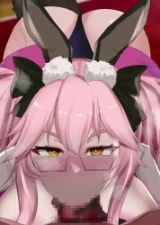 1boy 1girls all_fours alternate_costume alternate_hairstyle animal_ears animated ass blowjob blush bunny_ears cat_tail censored cock_worship cum cum_in_mouth cum_in_throat cum_on_face cute dark-skinned_male dark_skin deep_blowjob deepthroat eye_contact facial fangs fate/grand_order fate_(series) fellatio female fringe glasses handjob heart-shaped_pupils huge_breasts imminent_deepthroat intimate kemonomimi koyanskaya koyanskaya_(assassin) koyanskaya_(assassin_second_ascension) koyanskaya_(fate) large_areolae large_breasts light-skinned_female light_skin looking_at_viewer moaning oral oral_sex petite pink_hair pov pov_blowjob school_uniform schoolgirl seductive_eyes seductive_look seductive_moan slim sound sucking_off sucking_sound tagme teenager twintails video yellow_eyes young yukimaro_yukkii yukkyyukimaro