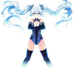 1girls 2015 big_breasts black_heart blue_eyes bodysuit breasts cleavage compile_heart crossed_arms female_only idea_factory leotard neptunia_(series) noire official_art power_symbol-shaped_pupils simple_background smiling solo solo_female thighhighs transparent_background tsunako twintails white_hair