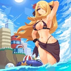 1girls animated arm_behind_head armpits beach big_breasts bikini breasts busty cleavage creatures_(company) cynthia_(pokemon) female female_only game_freak garchomp grey_eyes hair_over_one_eye hand_on_own_hip itzah large_breasts legs model_pose navel nintendo no_sound ocean outdoors pixel_art pokemon pokemon_(species) pose posing sarong sensual shorter_than_10_seconds shorter_than_30_seconds smile solo swimsuit tagme thighs thong_bikini video voluptuous water