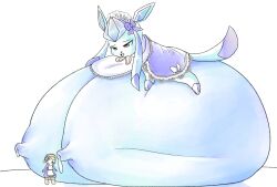 anthro big_breasts bodily_fluids breasts duo eeveelution erect_nipples female generation_4_pokemon glaceon holowear_(pokemon) huge_breasts human hyper hyper_breasts immobile interspecies lactating macro male male/female mammal micro micro_on_macro nintendo nipples pokemon pokemon_(species) pokemon_unite pokephilia size_difference size_transformation tapirclip transformation volo_(pokemon)